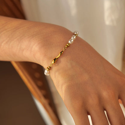 Women's Pearl Bracelet White Stainless Steel-Plated 18k Gold 3