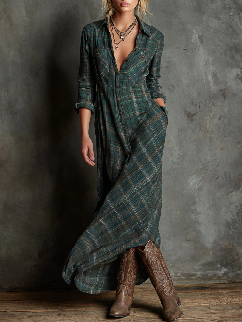Women's Plaid Lapel Single-Breasted Shirt Maxi Dress – product view | Hensley London