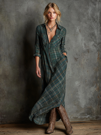 Women's Plaid Lapel Single-Breasted Shirt Maxi Dress – product view | Hensley London