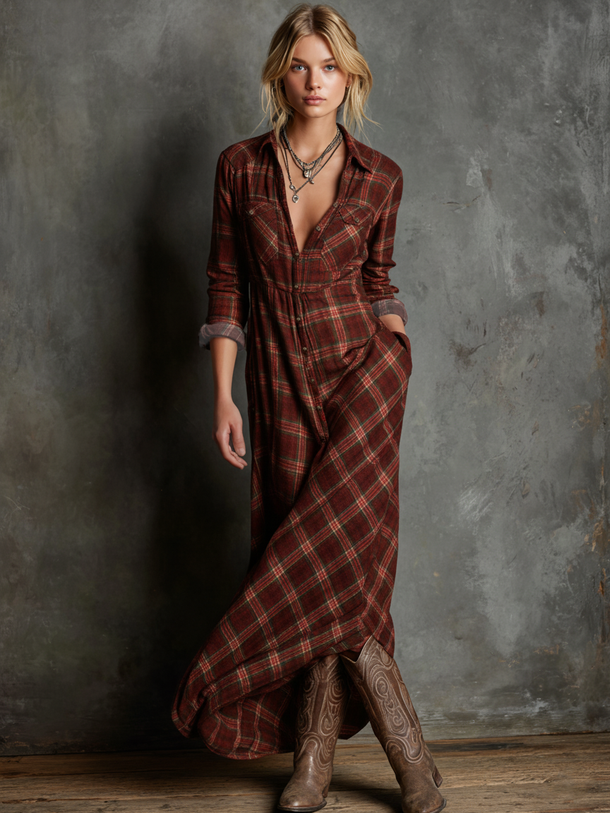Women's Plaid Lapel Single-Breasted Shirt Maxi Dress – product view | Hensley London