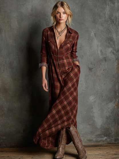 Women's Plaid Lapel Single-Breasted Shirt Maxi Dress – product view | Hensley London
