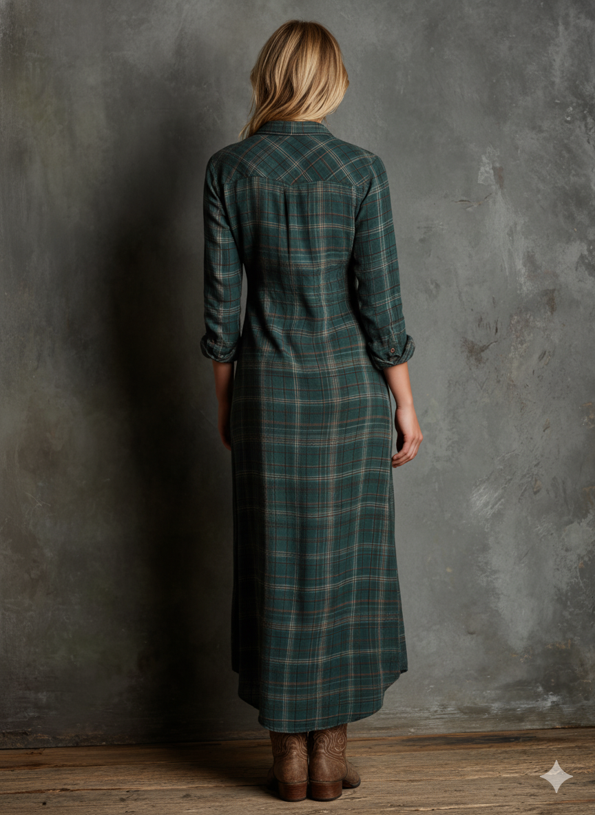 Women's Plaid Lapel Single-Breasted Shirt Maxi Dress – product view | Hensley London