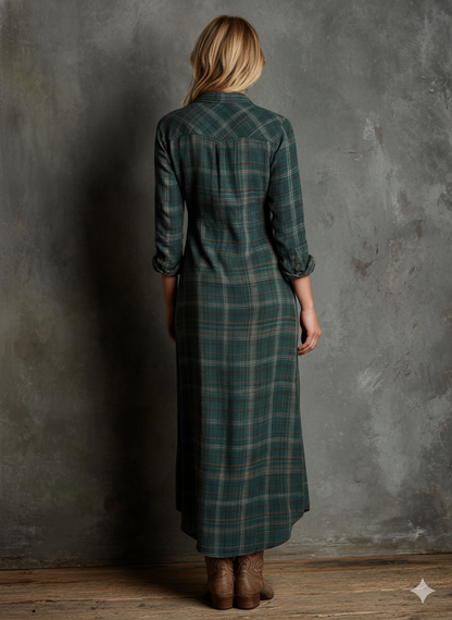 Women's Plaid Lapel Single-Breasted Shirt Maxi Dress – product view | Hensley London