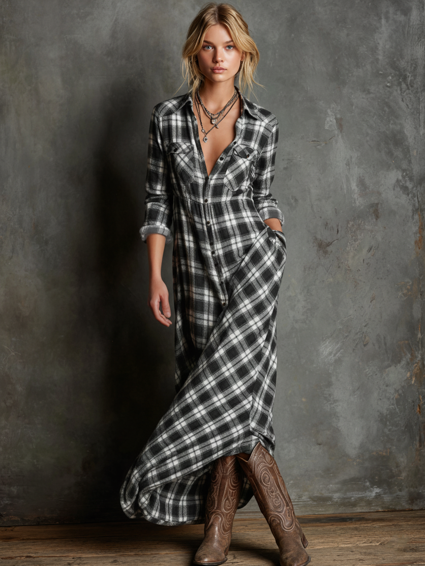 Women's Plaid Lapel Single-Breasted Shirt Maxi Dress – product view | Hensley London