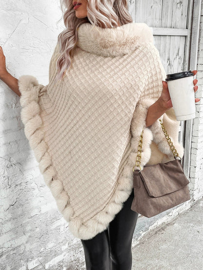 Women's Oversized Cable Knit Poncho with Faux Fur Trim - Stylish Cowl Neck Cape 1