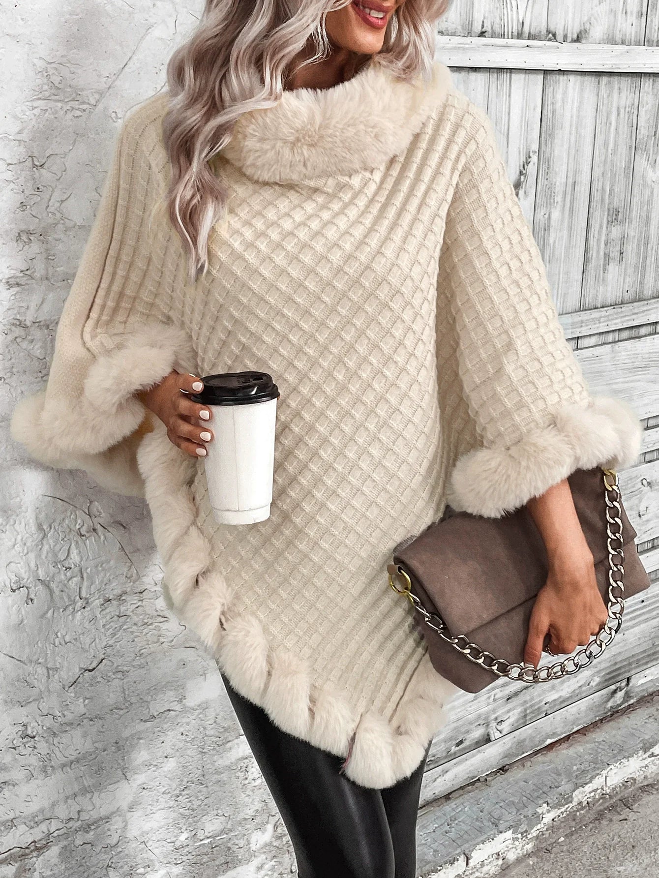 Women's Oversized Cable Knit Poncho with Faux Fur Trim - Stylish Cowl Neck Cape 3