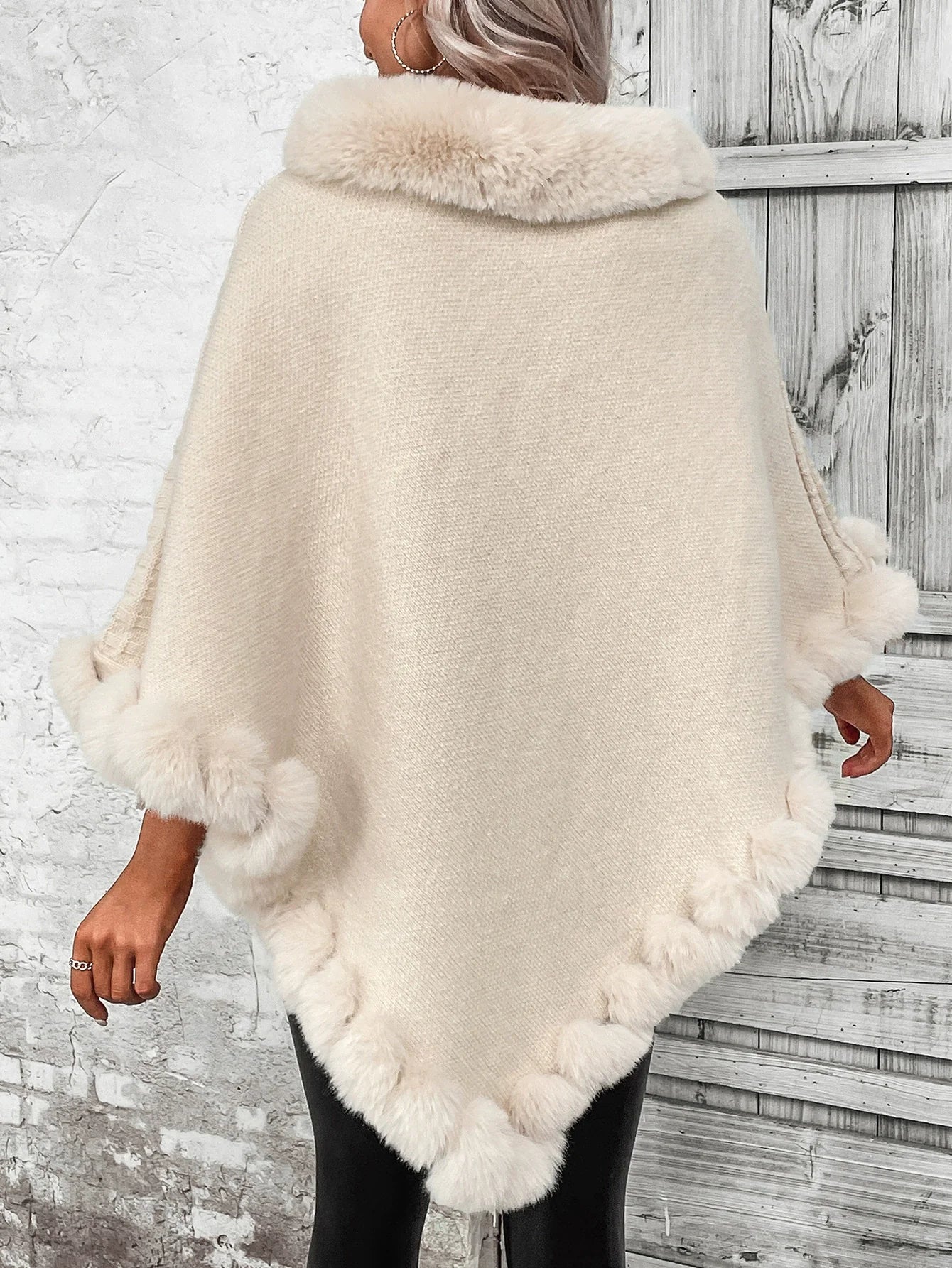 Women's Oversized Cable Knit Poncho with Faux Fur Trim - Stylish Cowl Neck Cape 4