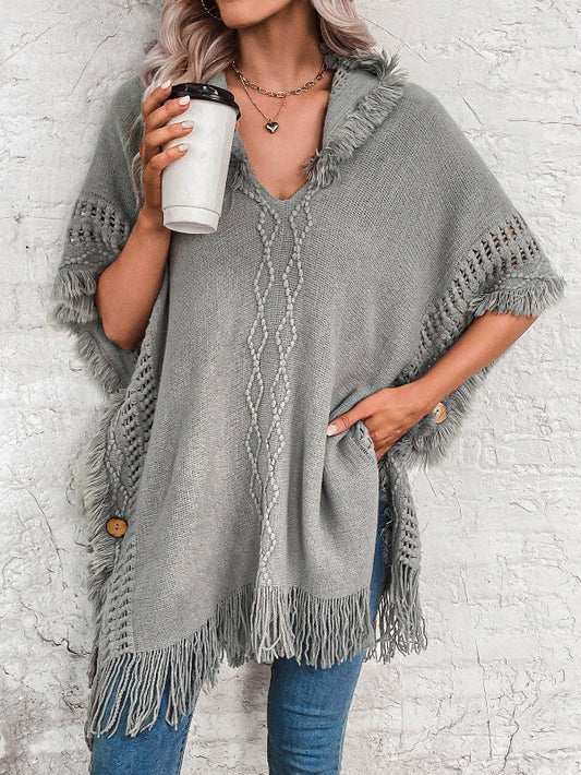 Oversized Hooded Woolen Poncho for Women with Fringe Hem – Cozy Autumn Style 1
