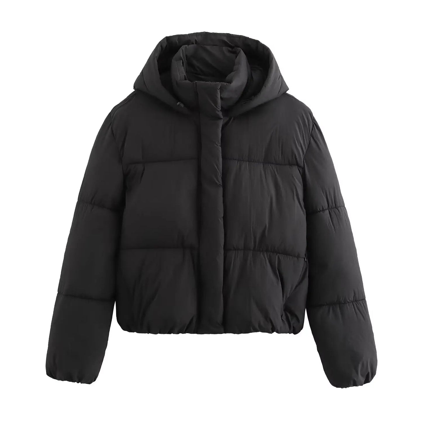 Women's Black Puffer Jacket Quilted Polyester with Hood - 8