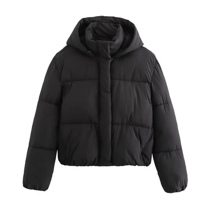 Women's Black Puffer Jacket Quilted Polyester with Hood - 8