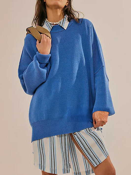Womens Oversized Sweater - Black Soft Knit with Side Slits, Casual Long Sleeve 1