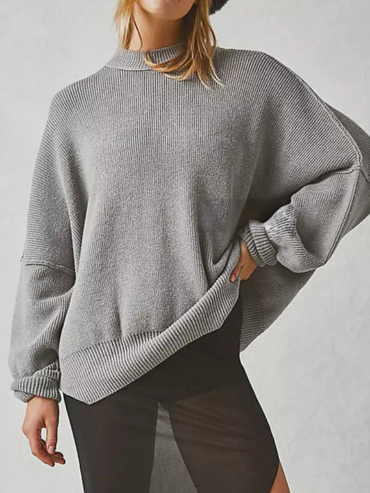 Womens Oversized Sweater - Black Soft Knit with Side Slits, Casual Long Sleeve 2