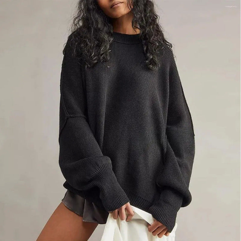 Womens Oversized Sweater - Black Soft Knit with Side Slits, Casual Long Sleeve 4