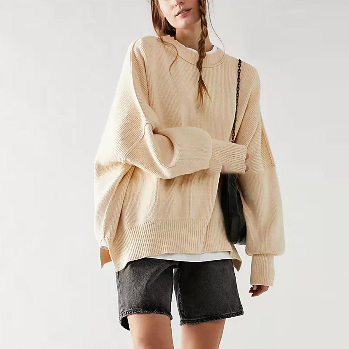 Womens Oversized Sweater - Black Soft Knit with Side Slits, Casual Long Sleeve 8