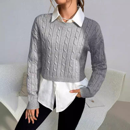 Cropped Cable Knit Women's Sweater, Wool Blend, Long Sleeve, Casual Fit 1