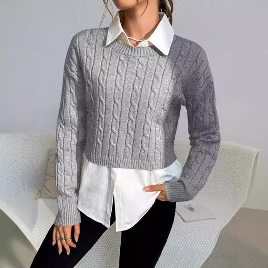 Cropped Cable Knit Women's Sweater, Wool Blend, Long Sleeve, Casual Fit 1