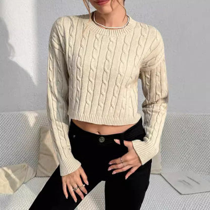 Cropped Cable Knit Women's Sweater, Wool Blend, Long Sleeve, Casual Fit 2