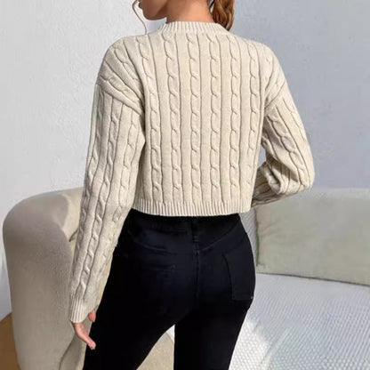 Cropped Cable Knit Women's Sweater, Wool Blend, Long Sleeve, Casual Fit 3