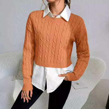Cropped Cable Knit Women's Sweater, Wool Blend, Long Sleeve, Casual Fit 4