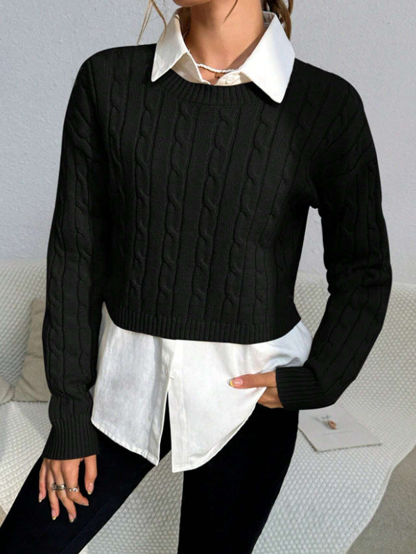 Cropped Cable Knit Women's Sweater, Wool Blend, Long Sleeve, Casual Fit 5