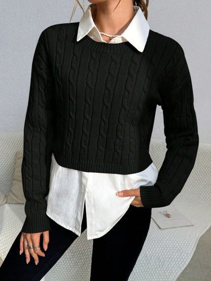 Cropped Cable Knit Women's Sweater, Wool Blend, Long Sleeve, Casual Fit 5