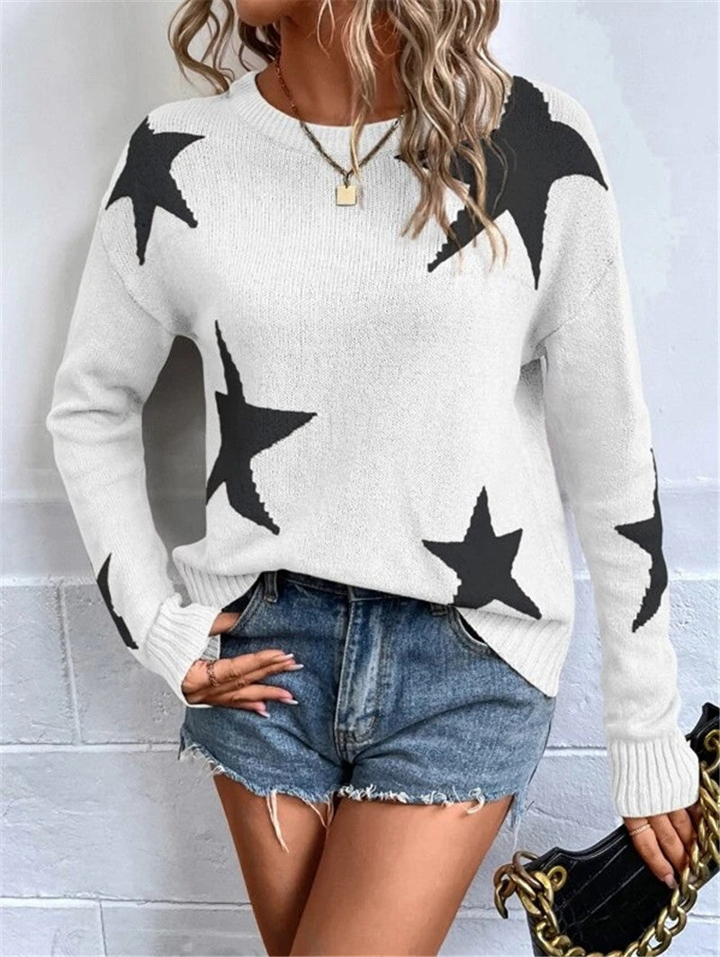Womens Star Pattern Pullover Sweater - Cozy Knitted Fabric - Loose Fit - Long Sleeve 3