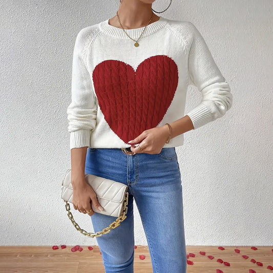 Womens Relaxed Fit Knitted Pullover Sweater with Heart Motif 1