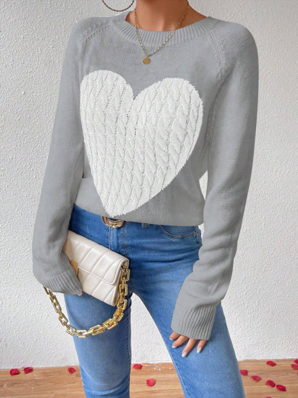 Womens Relaxed Fit Knitted Pullover Sweater with Heart Motif 4
