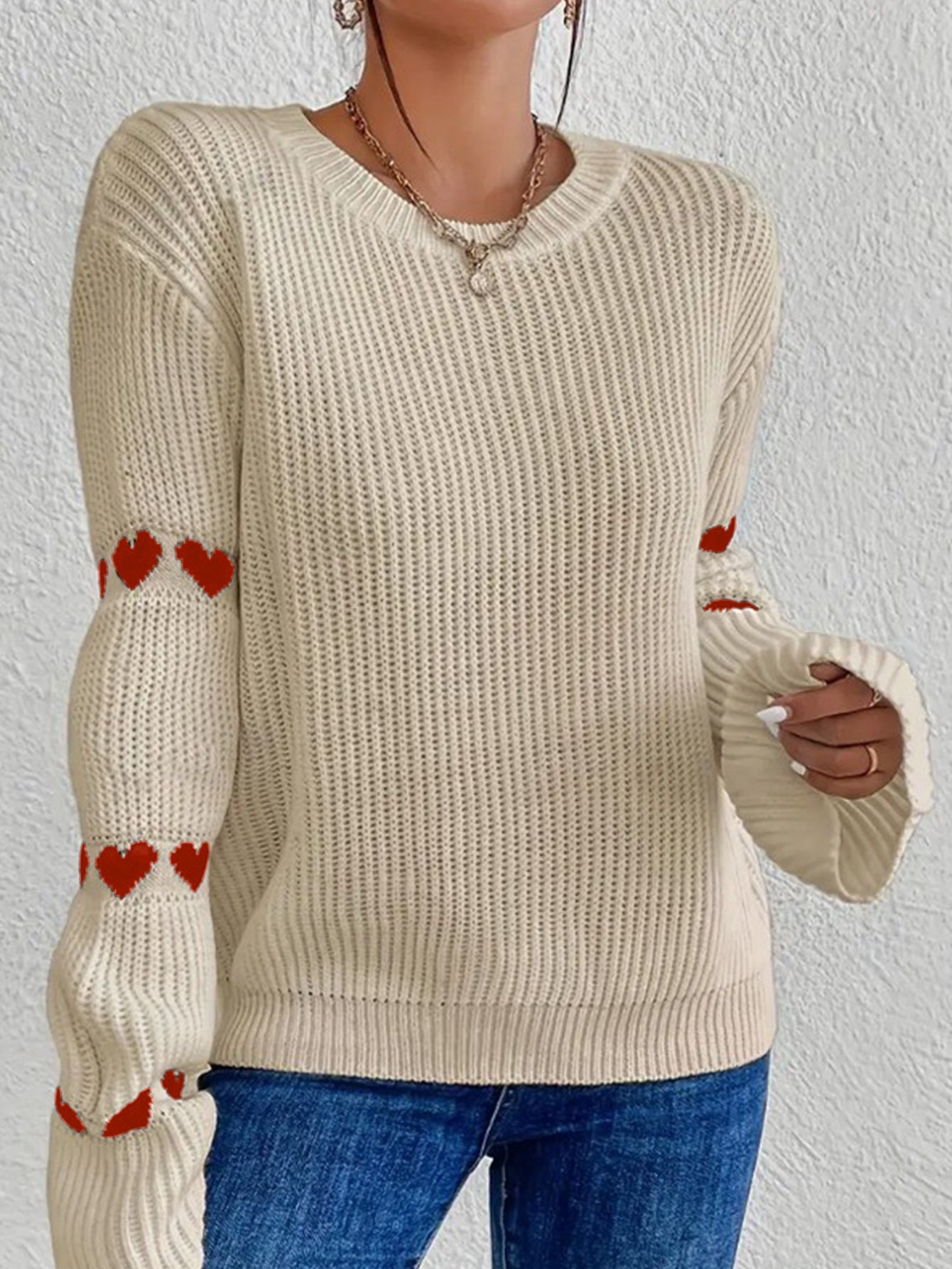 Cozy Womens Pullover Sweater with Bell Sleeves and Heart Detail 4