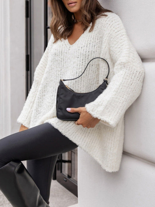 Womens Loose Fit V-Neck Pullover Sweater - Ribbed Knit Wool Blend for Casual Wear 1