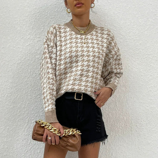 Womens Relaxed Fit Houndstooth Knit Pullover Sweater 1