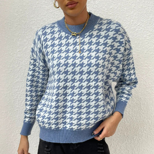 Womens Relaxed Fit Houndstooth Knit Pullover Sweater 2