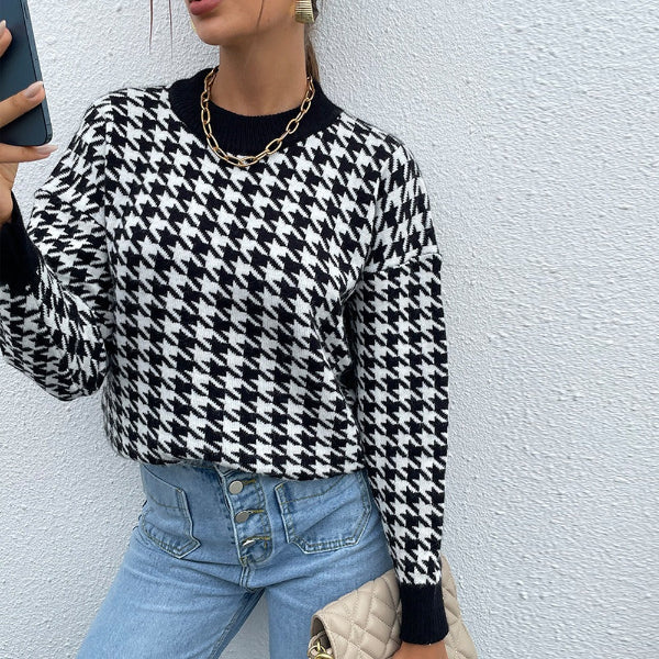 Womens Relaxed Fit Houndstooth Knit Pullover Sweater 4