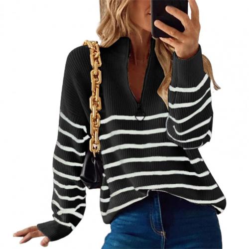 Women’s Relaxed Fit Striped Pullover Sweater with Zip Collar 1