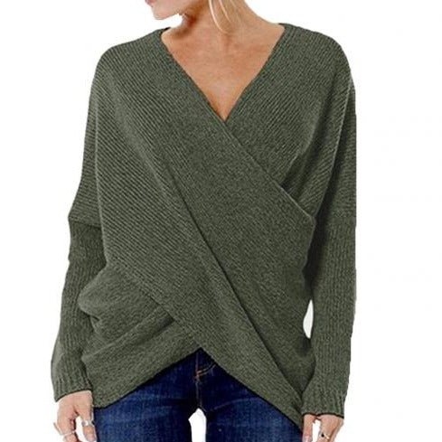 Womens Relaxed Fit Pullover Sweater - Wool Blend Crossover V-Neck 1