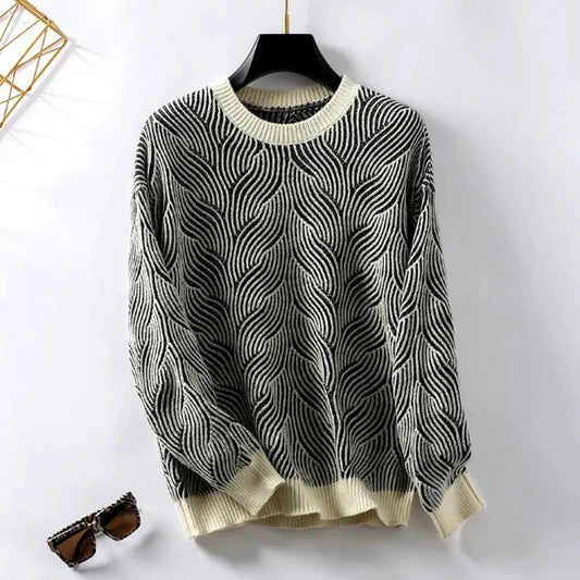 Stylish Womens Pullover Sweater - Soft Wool Knit - Loose Fit - Round Neck - Wavy Stripe Design 1