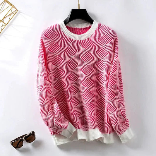 Stylish Womens Pullover Sweater - Soft Wool Knit - Loose Fit - Round Neck - Wavy Stripe Design 2