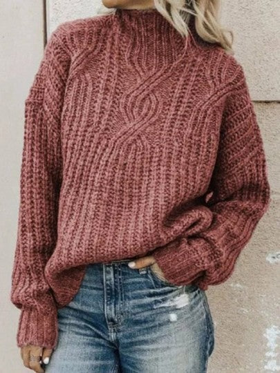 Womens Oversized Wool Knit Pullover Sweater with High Collar and Cable Design 1