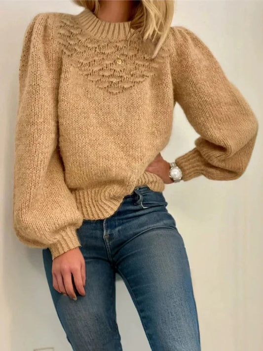 Cozy Women's Pullover Sweater in Wool Knit with Lantern Sleeves - Relaxed Fit 1