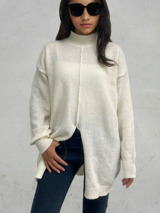 Womens Oversized Wool Sweater with Half Turtleneck and High Slit Hem - Cozy Fall Fashion 1
