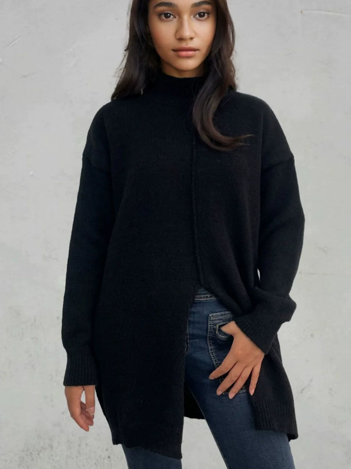 Womens Oversized Wool Sweater with Half Turtleneck and High Slit Hem - Cozy Fall Fashion 3