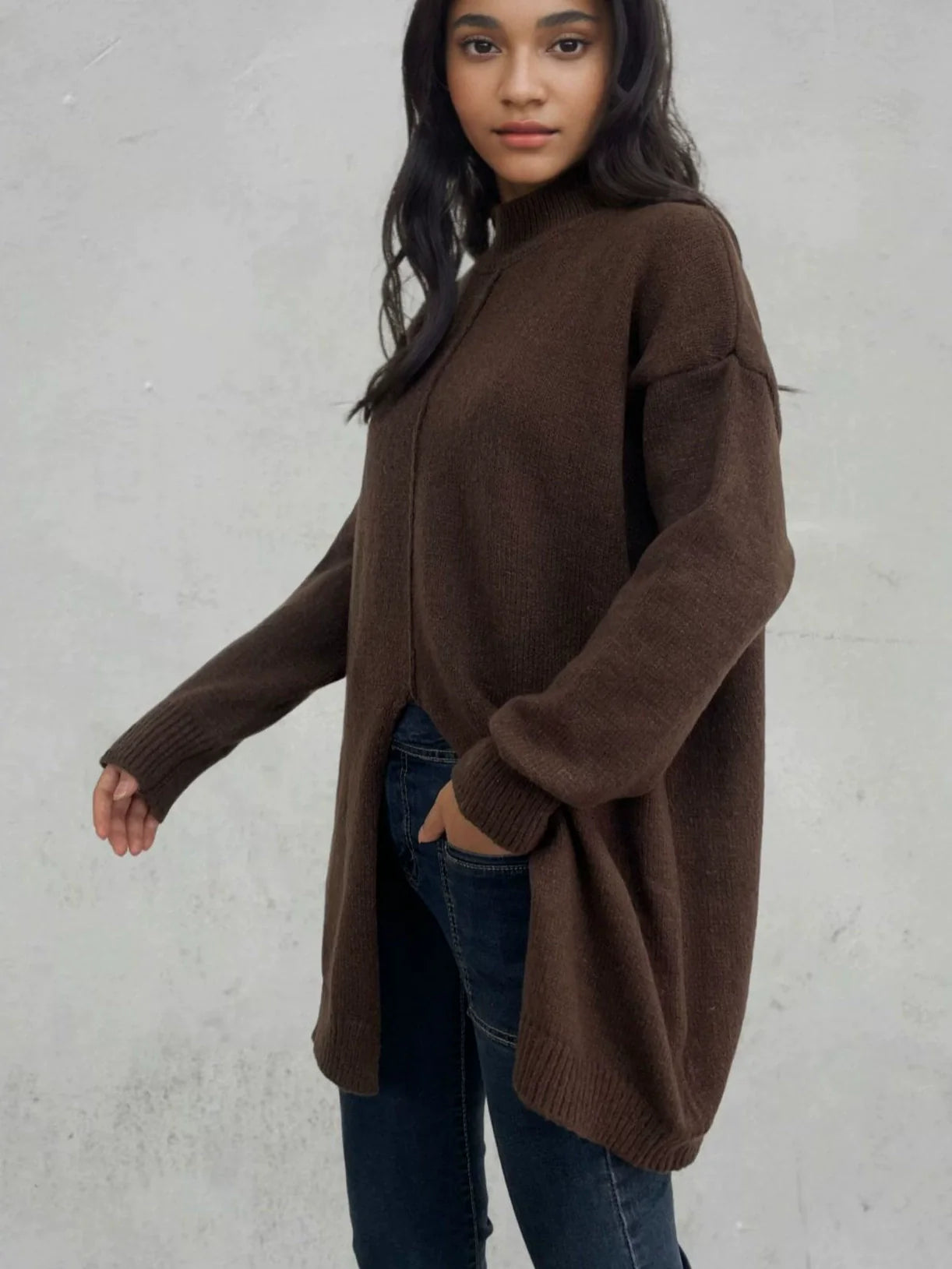 Womens Oversized Wool Sweater with Half Turtleneck and High Slit Hem - Cozy Fall Fashion 4