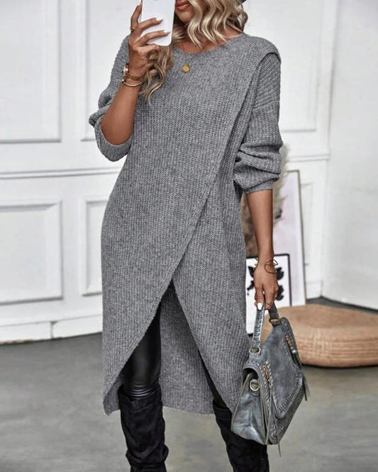 Oversized Wool Knit Pullover with Asymmetrical Wrap for Women 1