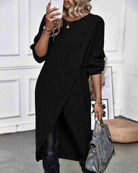 Oversized Wool Knit Pullover with Asymmetrical Wrap for Women 2