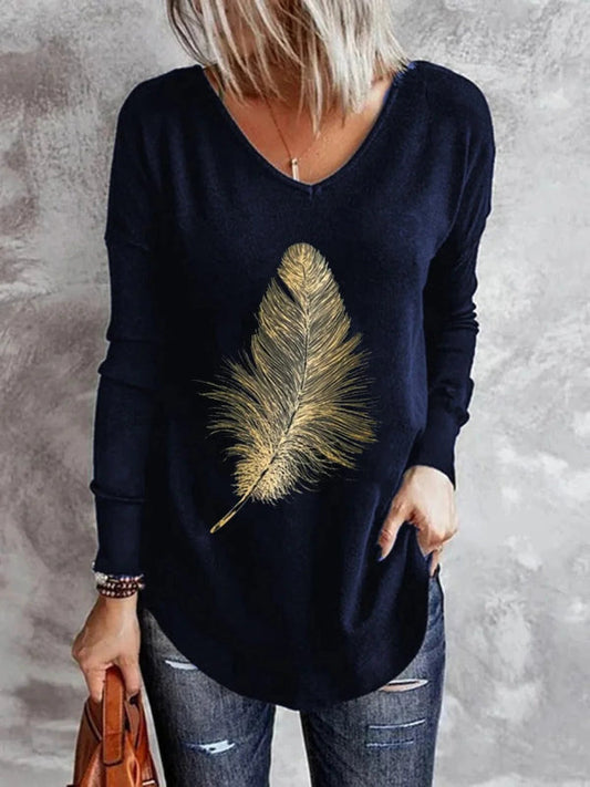 Womens Soft Knit Pullover with Feather Graphic - Relaxed Fit V-Neck Sweater 1