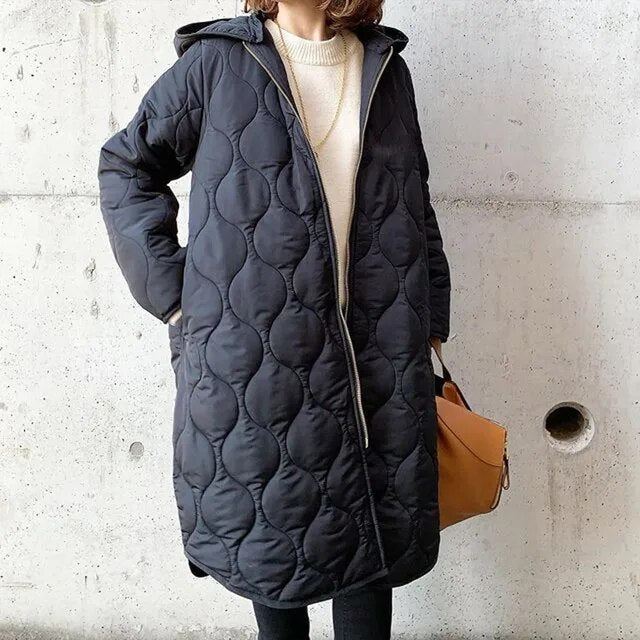 Women's Long Puffer Coat Black Quilted Lightweight Polyester - 1