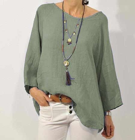 Women’s Relaxed Fit Cotton Linen Top with 3/4 Raglan Sleeves and Asymmetrical Hem 1