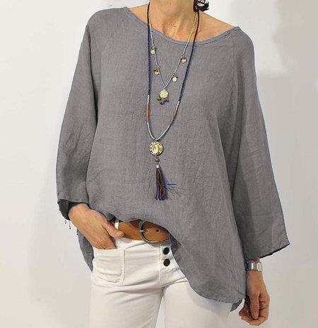 Women’s Relaxed Fit Cotton Linen Top with 3/4 Raglan Sleeves and Asymmetrical Hem 2