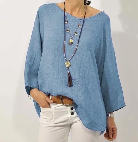 Women’s Relaxed Fit Cotton Linen Top with 3/4 Raglan Sleeves and Asymmetrical Hem 3