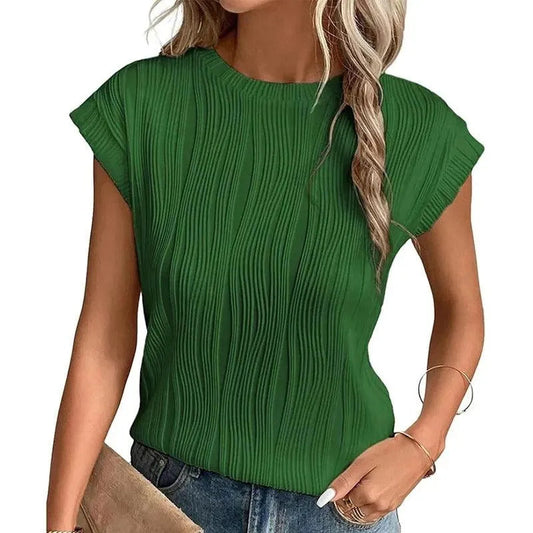 Women's Relaxed Fit Short-Sleeve Top with Pleated Texture – Casual Crewneck Shirt 0